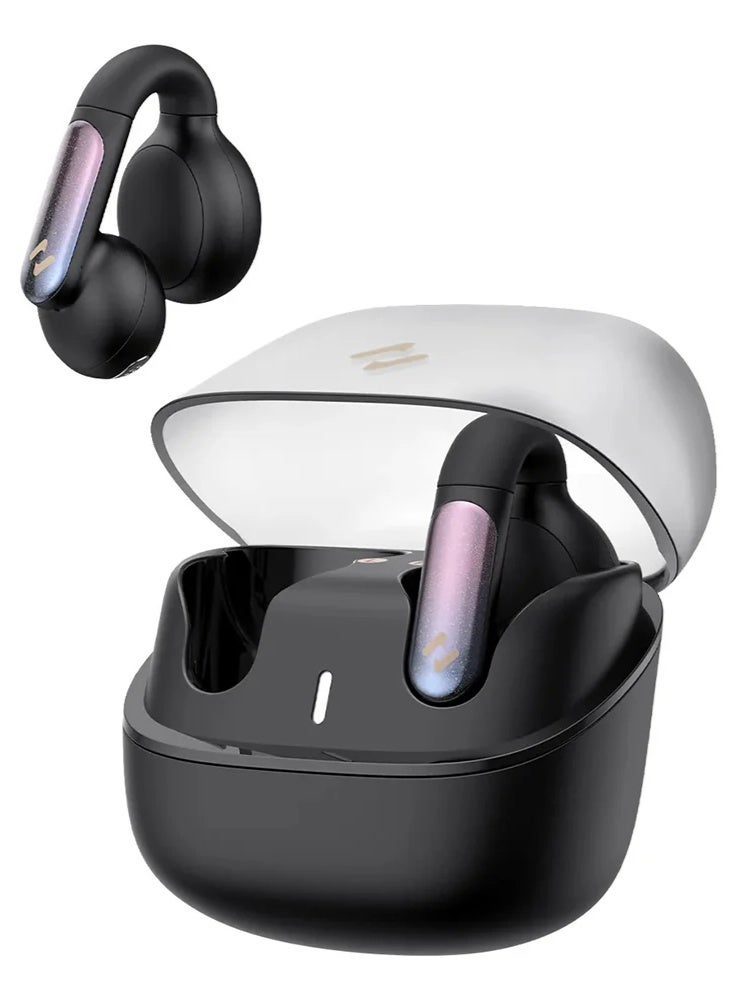 هافيت سماعات أذن لاسلكية TWS مفتوحة ومكبّسة مع تصميم مشبك – سماعات بلوتوث V5.3 مع ميكروفون مزدوج، إلغاء ضوضاء ذكي للمكالمات، صوت ستيريو عالي الجودة HiFi، تصميم مريح، مقاومة للماء والعرق بتصنيف IPX4، عمر بطارية طويل 23 ساعة مع علبة الشحن، شحن سريع بمنفذ تايب سي، تحكم ذكي باللمس، مكالمات بدون استخدام اليدين للركض وصالة الألعاب والعمل، سماعة بلوتوث محمولة، لون أسود - Image 1